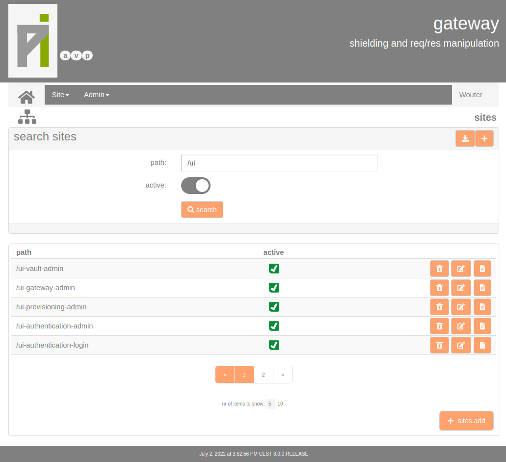 a screenshot of the gateway administration interface showing a list of the active routes