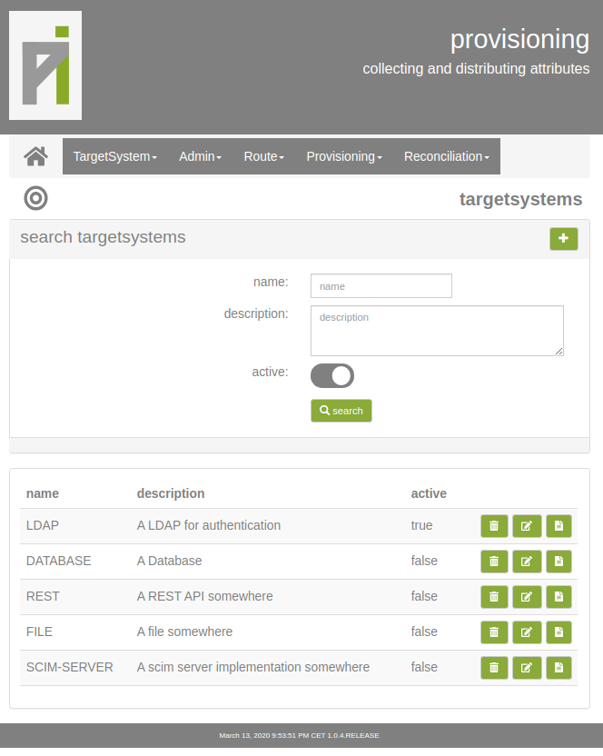 a screenshot of the provisioning administration user interface showing the list of targetsystems