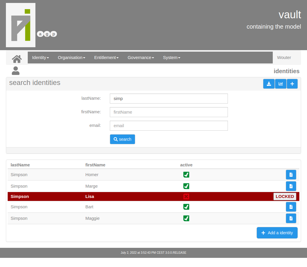 a screenshot of the vault administration user interface showing a list of identities